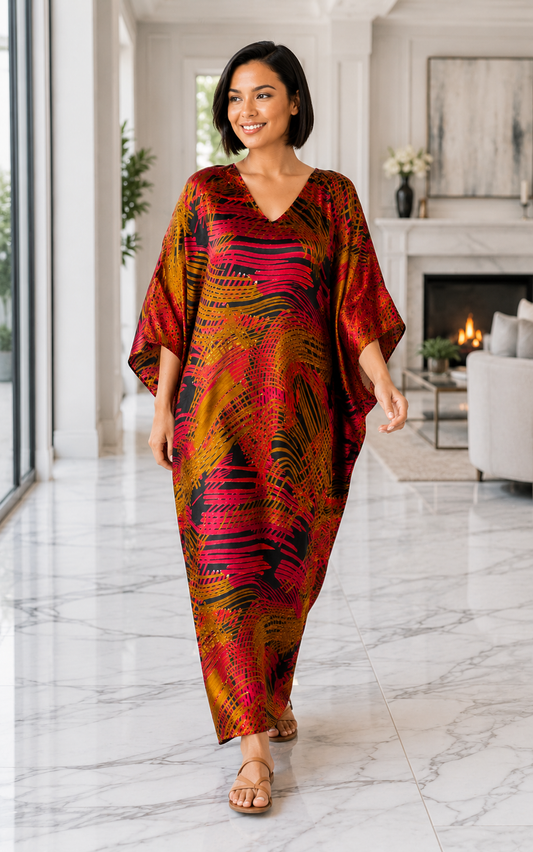 Up2date Fashion Women Satin Caftan in Crimson Waves Print, One Size Silky Kaftan Loungewear, Style Caf-80