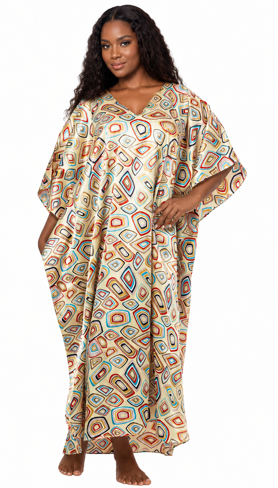 Women's Long Satin Caftan / Kaftan / Muumuu, Geometric Abstract Rings Print