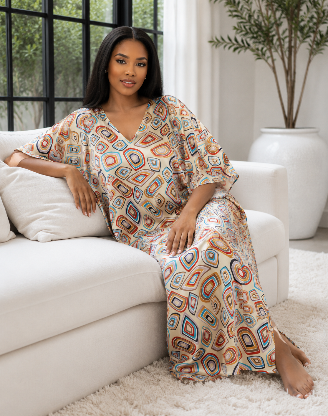 Women's Long Satin Caftan / Kaftan / Muumuu, Geometric Abstract Rings Print