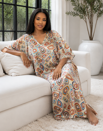 Women's Long Satin Caftan / Kaftan / Muumuu, Geometric Abstract Rings Print