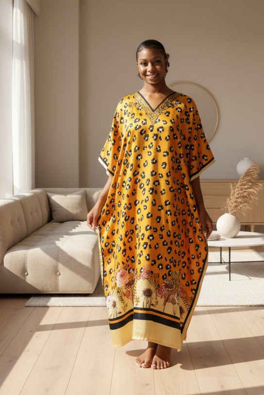 Women's Long Satin Caftan / Kaftan / Muumuu, Tiger Animal Print, Style DGP-03