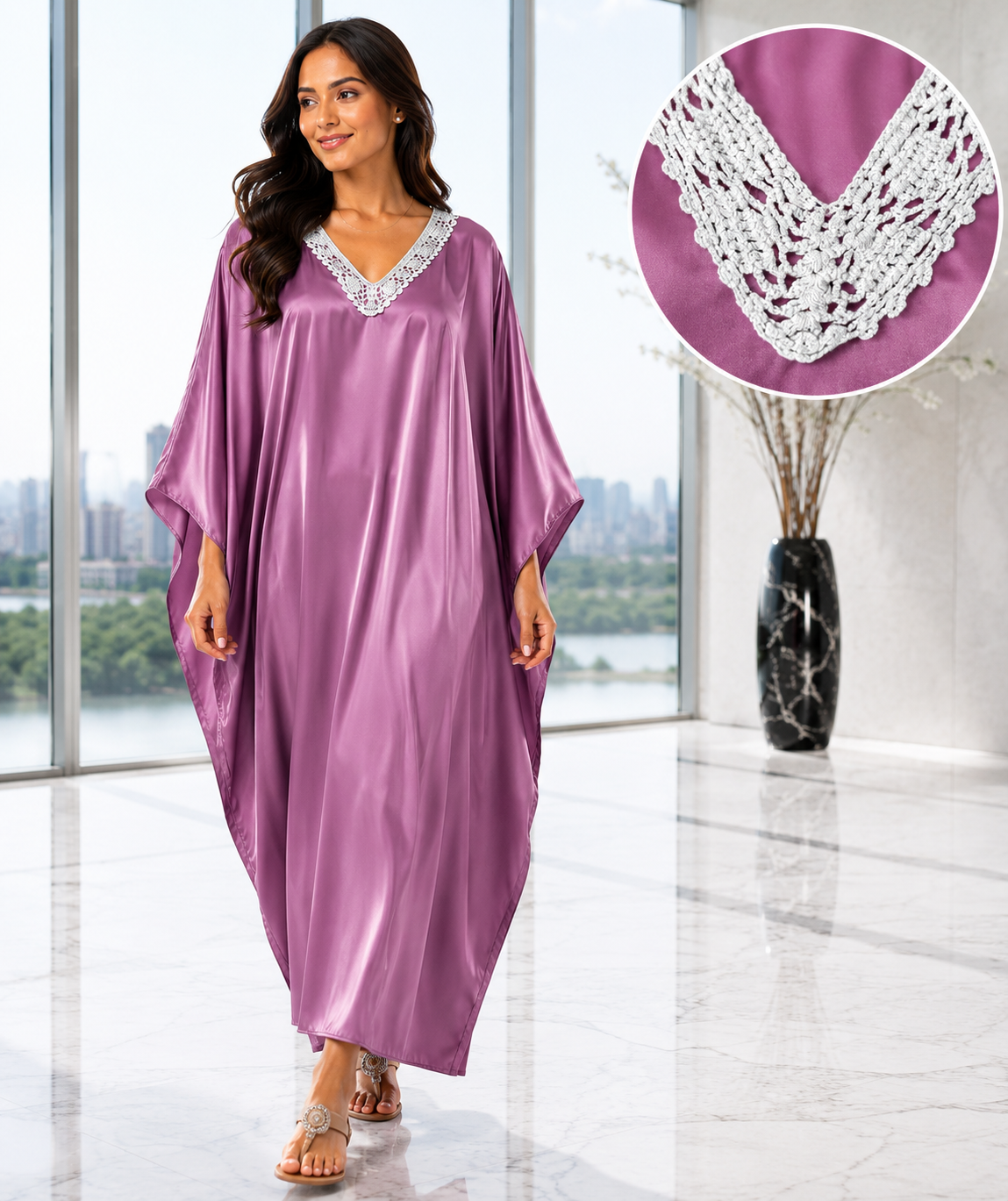 Up2date Fashion Women Kaftan Dresses Ethnic with Crochet Work & Batwing Sleeve Caftan Moo Moos Dress Beach Cover Up Maxi Loungewear