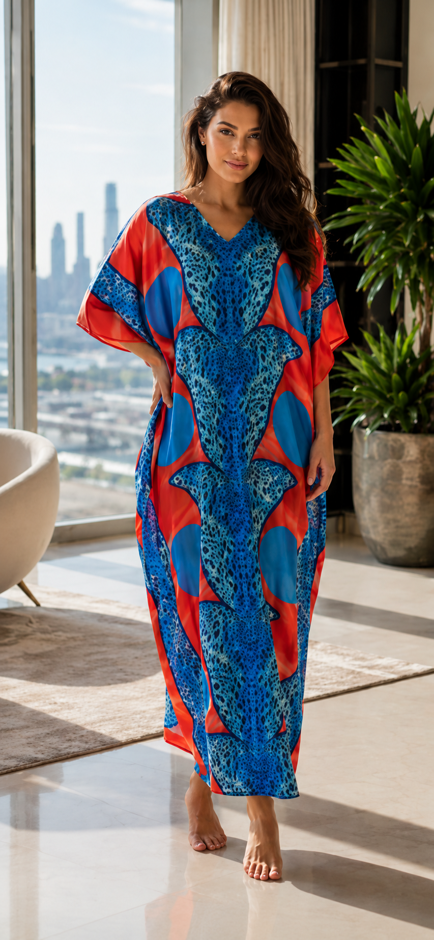 Women's Long Satin Caftan / Kaftan / Muumuu, Tropical Cocktail Animal Print Lounger, Style Caf-23CS