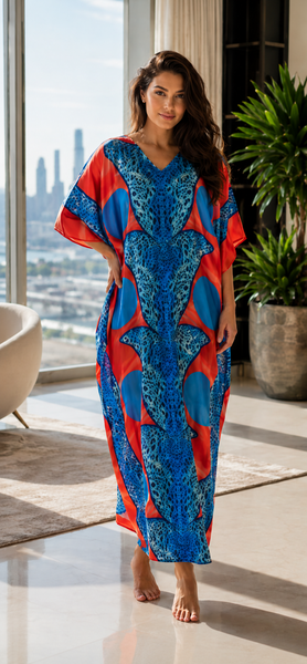 Women's Long Satin Caftan / Kaftan / Muumuu, Tropical Cocktail Animal Print Lounger, Style Caf-23CS