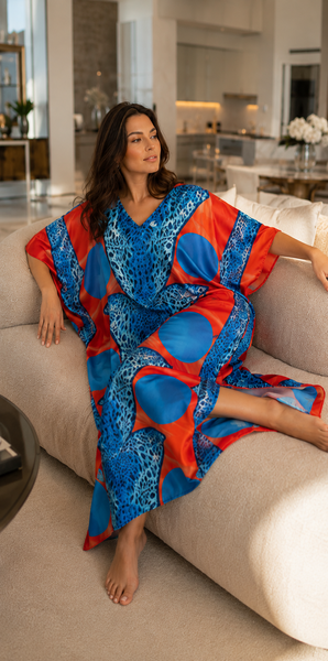 Women's Long Satin Caftan / Kaftan / Muumuu, Tropical Cocktail Animal Print Lounger, Style Caf-23CS