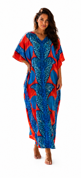 Women's Long Satin Caftan / Kaftan / Muumuu, Tropical Cocktail Animal Print Lounger, Style Caf-23CS