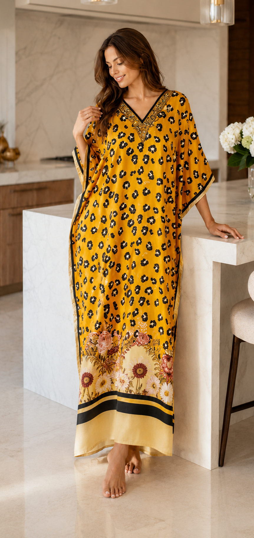 Women's Long Satin Caftan / Kaftan / Muumuu, Tiger Animal Print, Style DGP-03