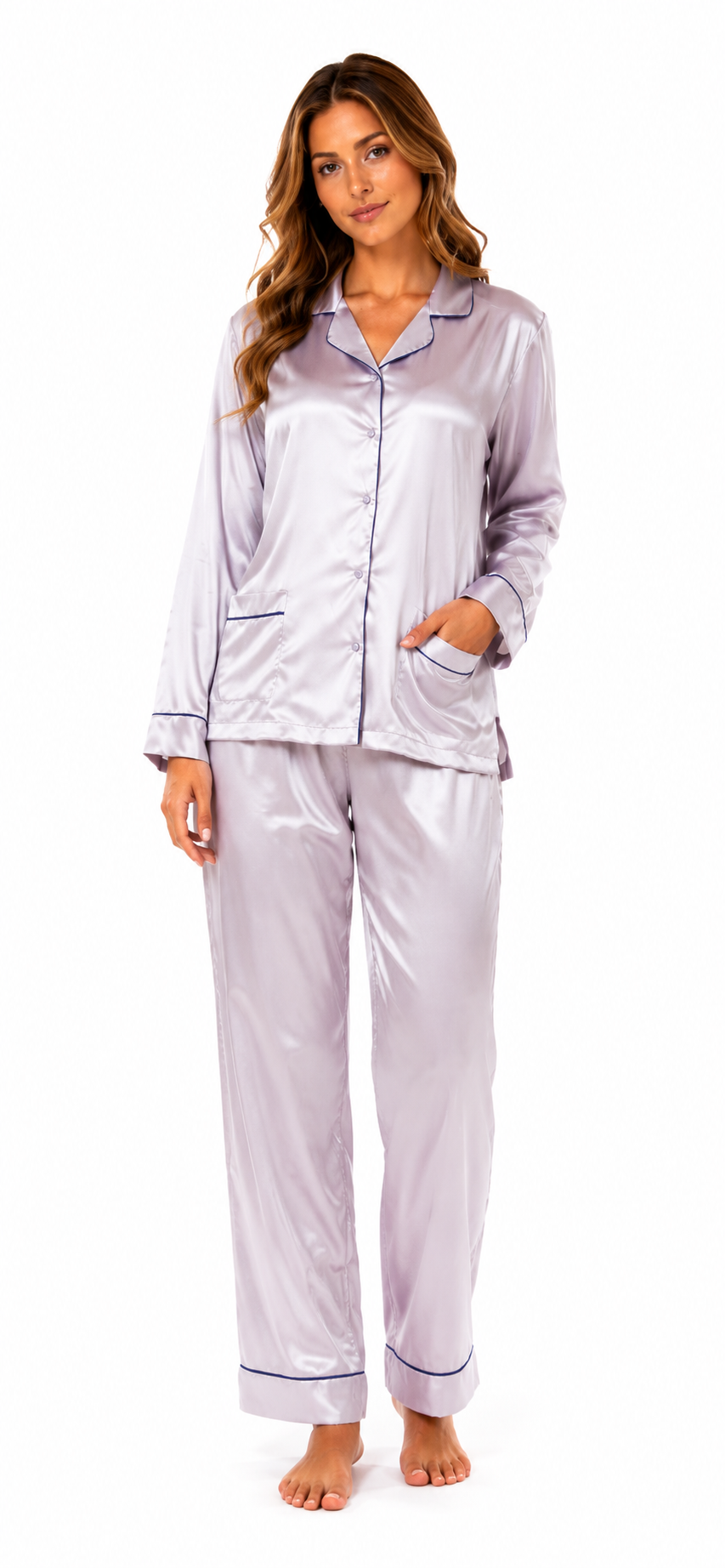 Up2date Fashion Womens Satin Pajama Set with Piping
