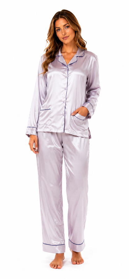Up2date Fashion Womens Satin Pajama Set with Piping