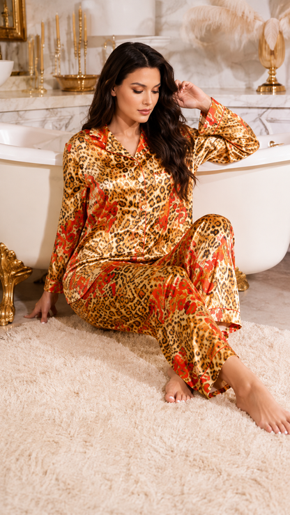 Up2date Fashion Women's Silky Satin Pajama Set Long Sleeve Button Down 2-Piece V-Neck PJs with Pants, Floral & Animal Prints