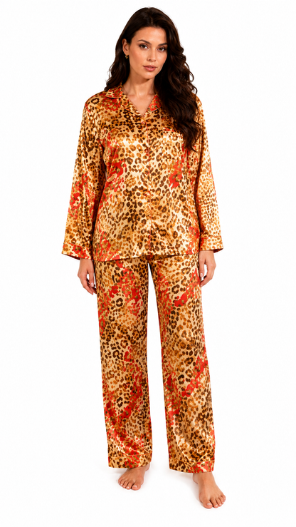 Up2date Fashion Women's Silky Satin Pajama Set Long Sleeve Button Down 2-Piece V-Neck PJs with Pants, Floral & Animal Prints