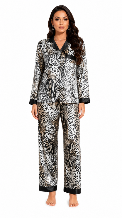 Up2date Fashion Women's Silky Satin Pajama Set Long Sleeve Button Down 2-Piece V-Neck PJs with Pants, Floral & Animal Prints