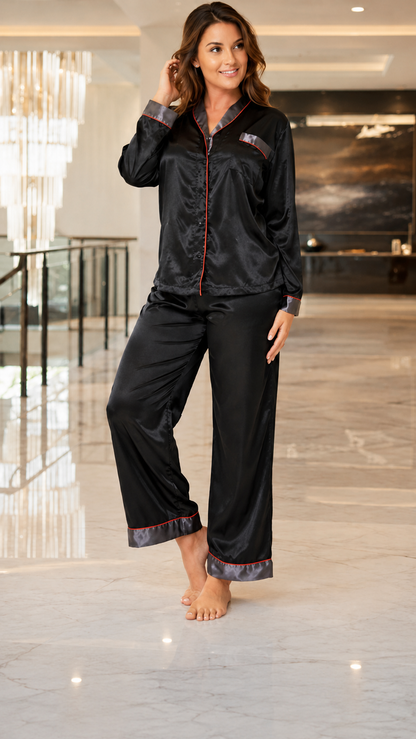Up2date Fashion Women's Pajama Set / Pajamas / Pyjamas / PJs, Satin, Shawl Collar with Piping