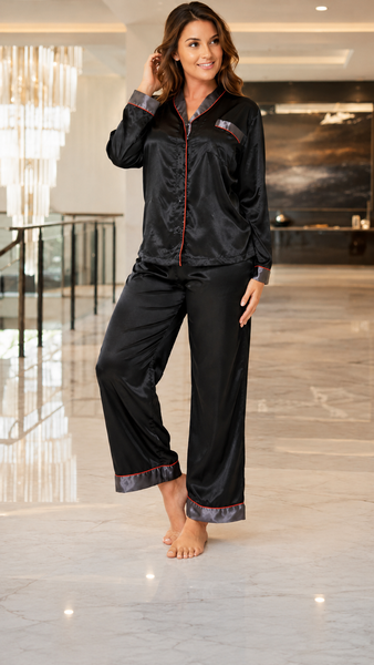 Up2date Fashion Women's Pajama Set / Pajamas / Pyjamas / PJs, Satin, Shawl Collar with Piping