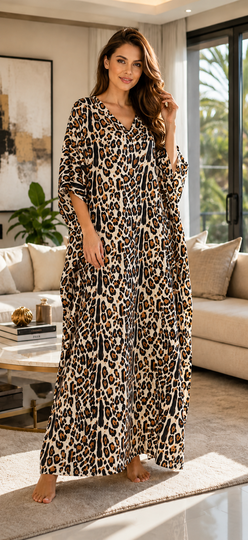 Women's Long Satin Caftan / Kaftan / Muumuu, Tiger Animal Print in Brown