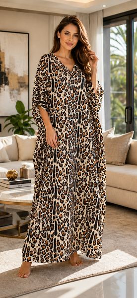 Women's Long Satin Caftan / Kaftan / Muumuu, Tiger Animal Print in Brown
