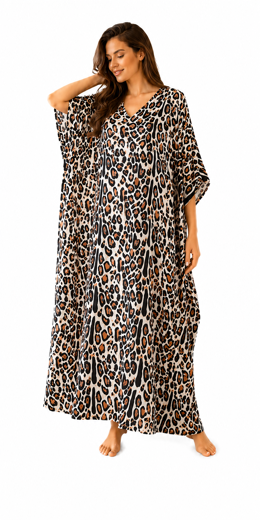 Women's Long Satin Caftan / Kaftan / Muumuu, Tiger Animal Print in Brown
