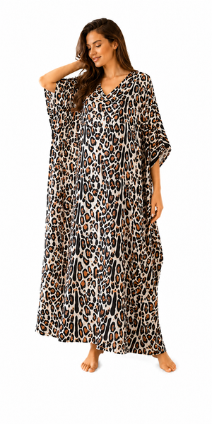 Women's Long Satin Caftan / Kaftan / Muumuu, Tiger Animal Print in Brown