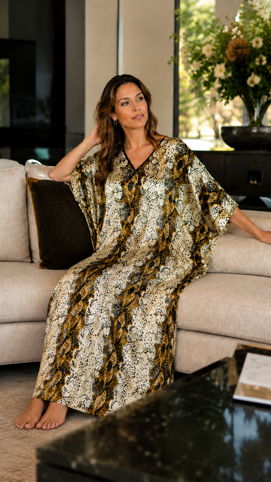 Women's Long Satin Caftan / Kaftan / Muumuu, Snakeskin Print