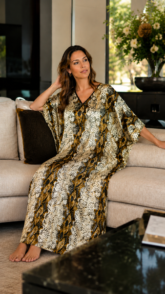 Women's Long Satin Caftan / Kaftan / Muumuu, Snakeskin Print