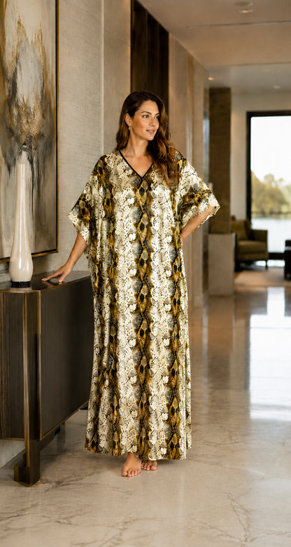 Women's Long Satin Caftan / Kaftan / Muumuu, Snakeskin Print