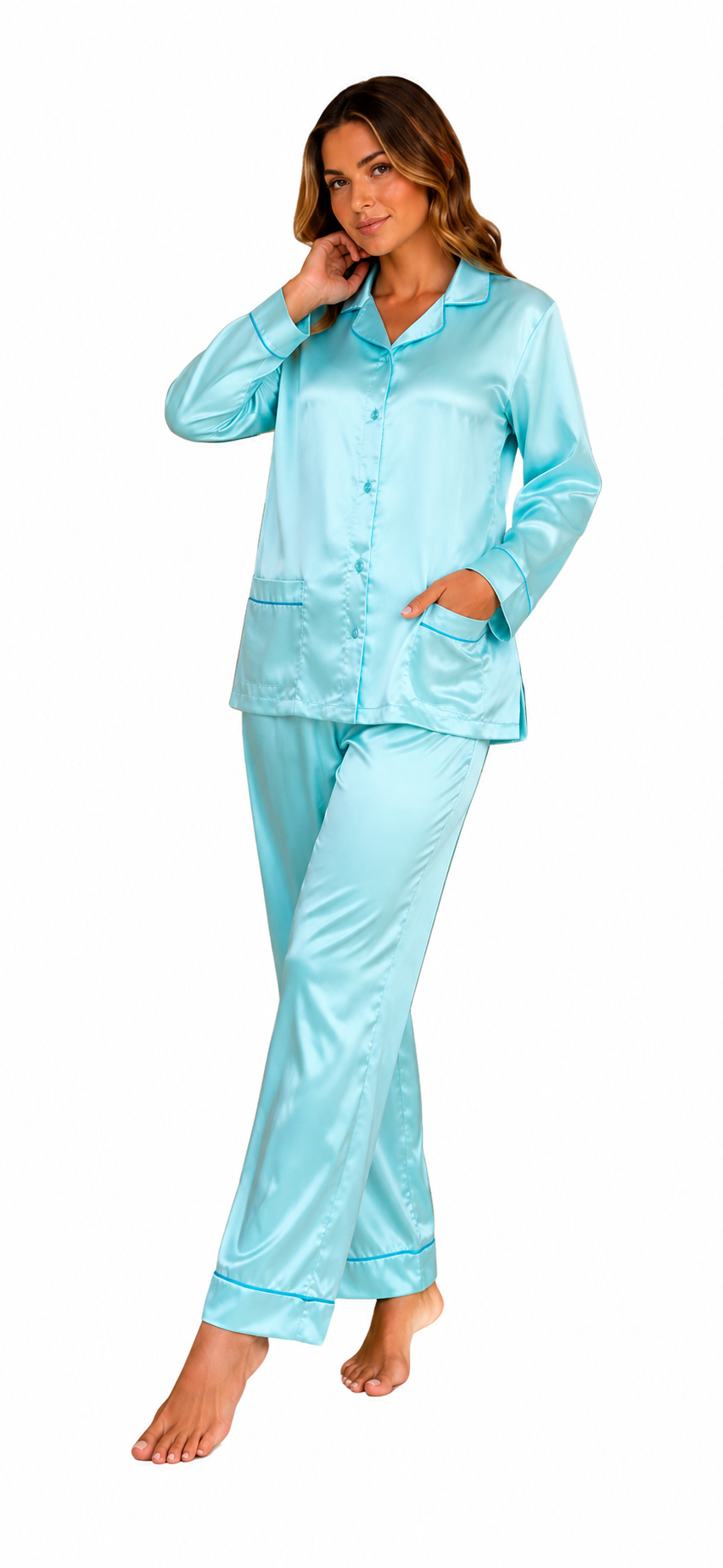 Up2date Fashion Womens Satin Pajama Set with Piping