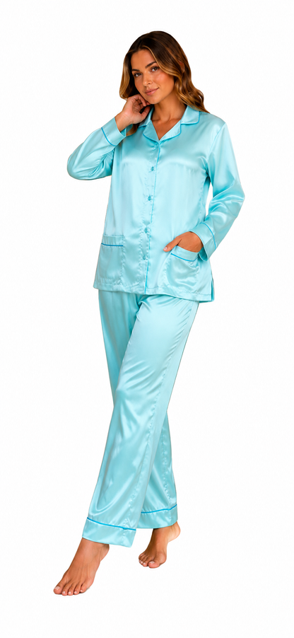 Up2date Fashion Womens Satin Pajama Set with Piping