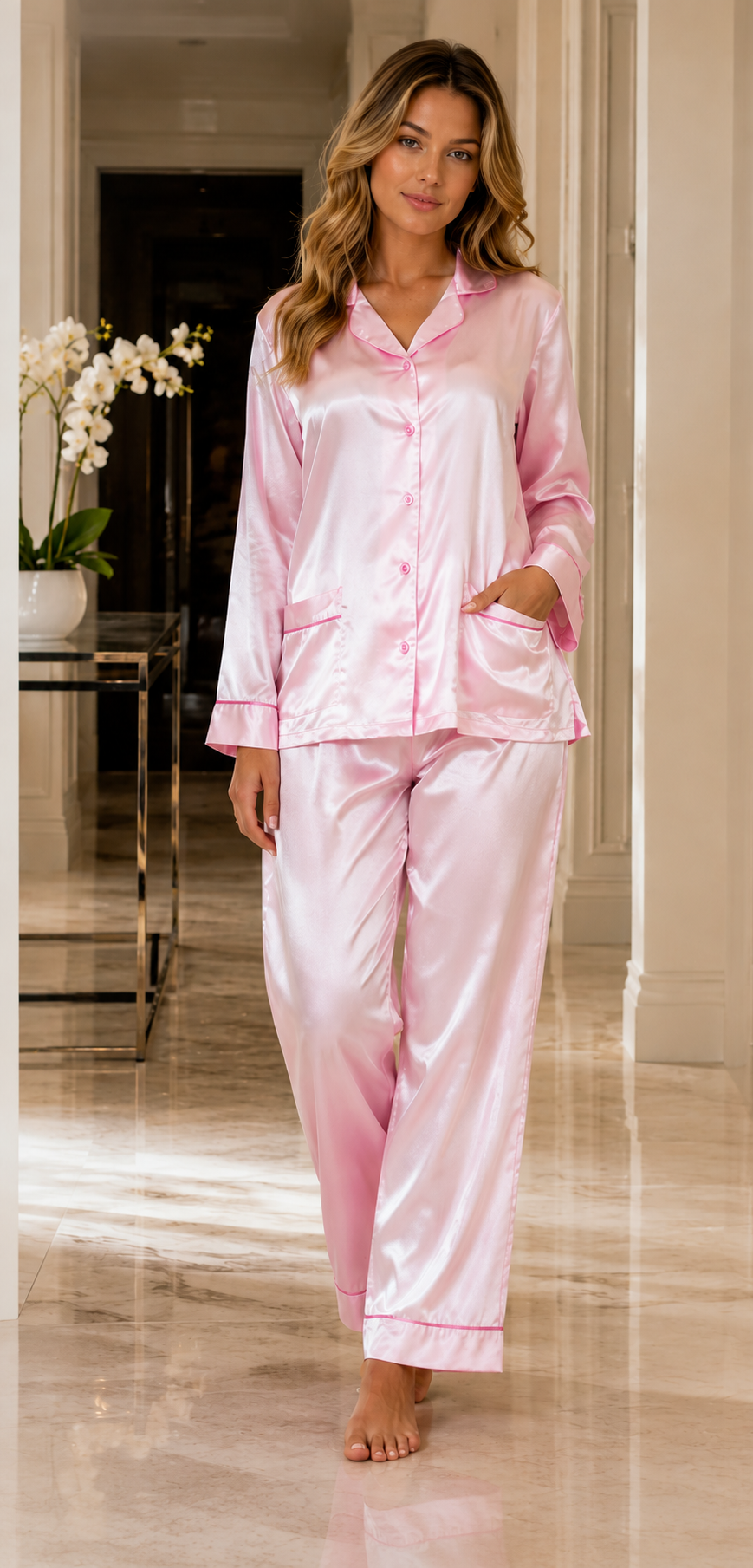 Up2date Fashion Womens Satin Pajama Set with Piping
