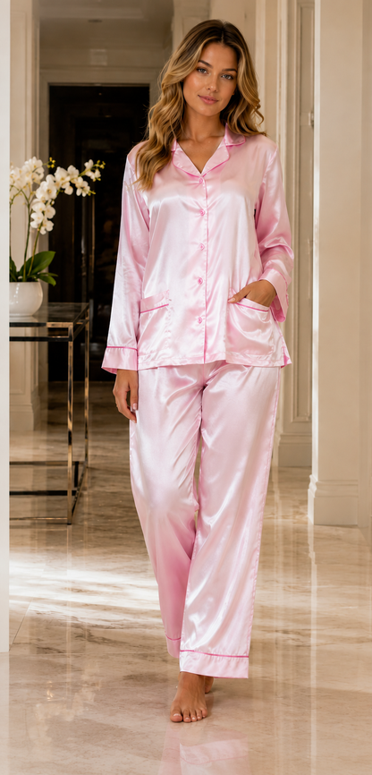 Up2date Fashion Womens Satin Pajama Set with Piping