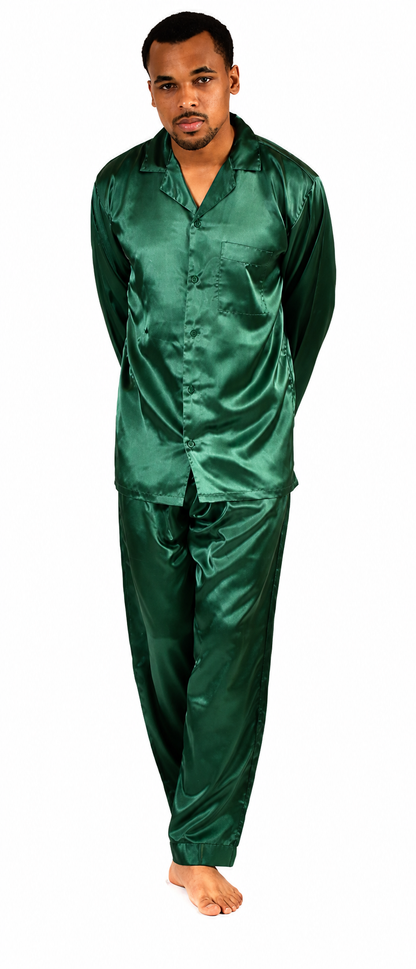 Pajamas Set Mens Silky Satin Pajamas Long Sleeve Loungewear 2-Piece Sleepwear Button-Down PJ with Long Pants