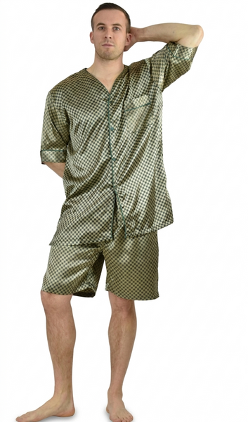 Men's Short Sleeve Silky Satin Pajama Set with Shorts 2 Piece Tie Print PJ Loungewear