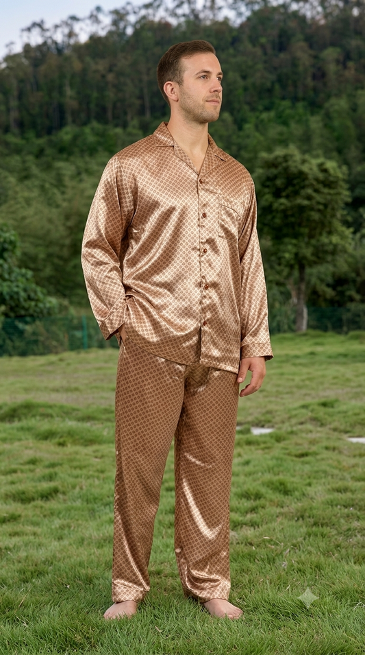 Men’s Tie Print Satin Pajama Set for Men – Soft Luxury Sleepwear PJs