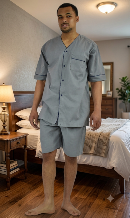 Up2date Fashion Men's Woven Short Sleeves Pajama Set with Shorts Lightweight Loungerwear