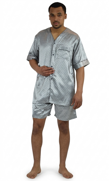 Men's Short Sleeve Silky Satin Pajama Set with Shorts 2 Piece Tie Print PJ Loungewear