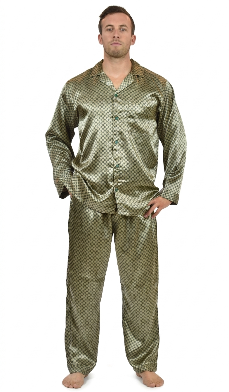 Up2date Fashion Pajamas Set Mens Silk Satin Long Sleeve Loungewear Two-Piece Sleepwear Button-Down Pj with Full Pants
