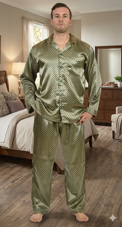 Up2date Fashion Pajamas Set Mens Silk Satin Long Sleeve Loungewear Two-Piece Sleepwear Button-Down Pj with Full Pants