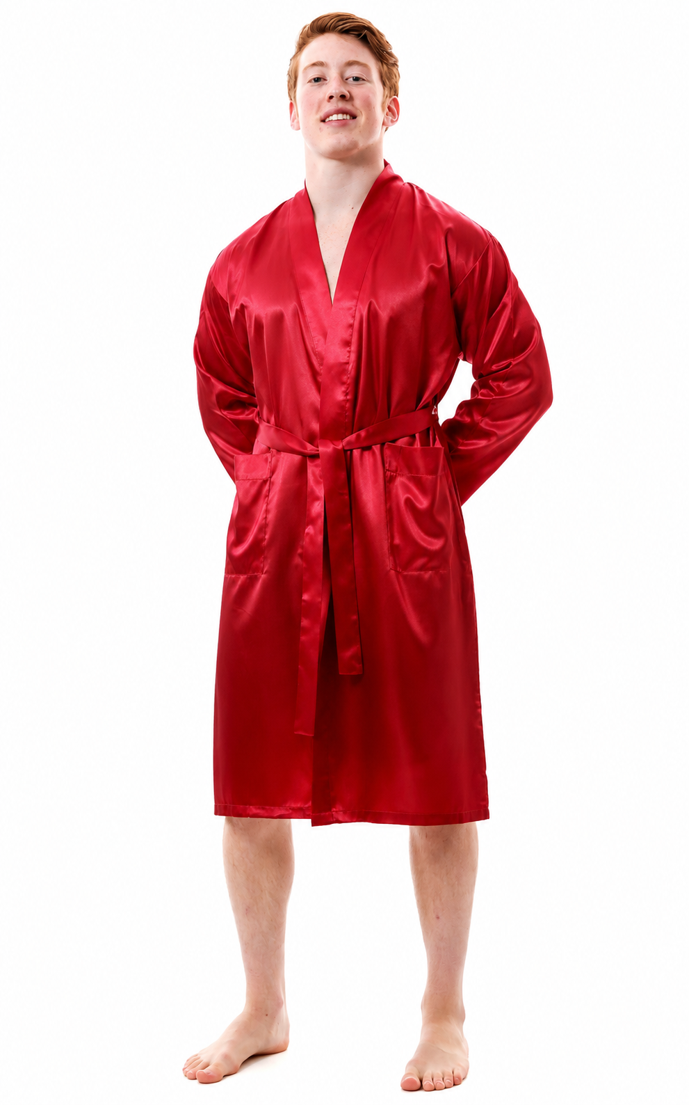 Men’s Satin Robe with 2 Front Pockets, Lightweight Silky Lounge Bathrobe Sleepwear, Style-Gwn51