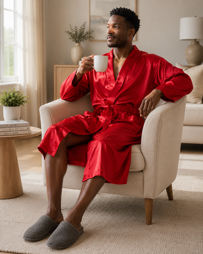 Men’s Satin Robe with 2 Front Pockets, Lightweight Silky Lounge Bathrobe Sleepwear, Style-Gwn51