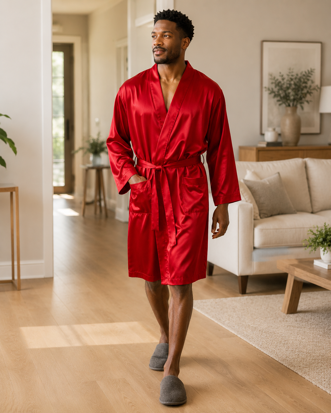 Men’s Satin Robe with 2 Front Pockets, Lightweight Silky Lounge Bathrobe Sleepwear, Style-Gwn51