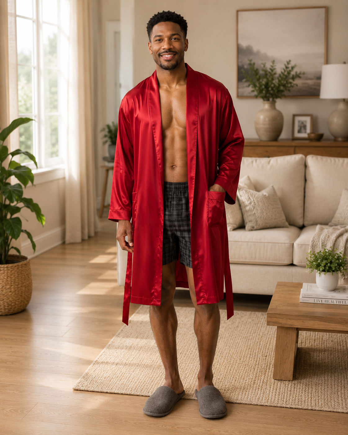 Men’s Satin Robe with 2 Front Pockets, Lightweight Silky Lounge Bathrobe Sleepwear, Style-Gwn51