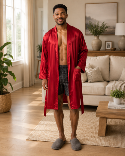 Men’s Satin Robe with 2 Front Pockets, Lightweight Silky Lounge Bathrobe Sleepwear, Style-Gwn51