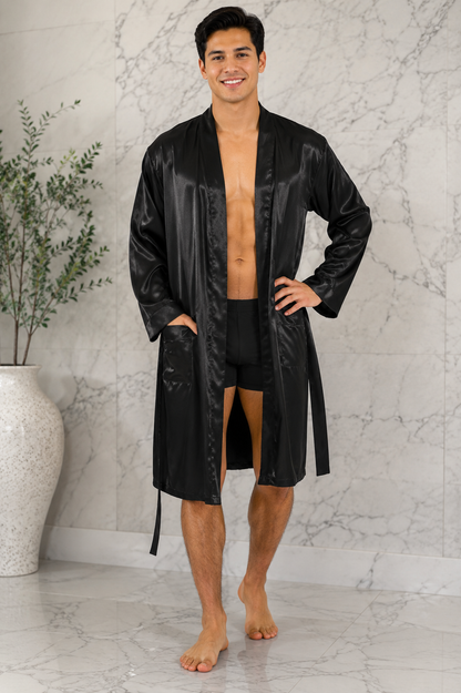 Men’s Satin Robe with 2 Front Pockets, Lightweight Silky Lounge Bathrobe Sleepwear, Style-Gwn51