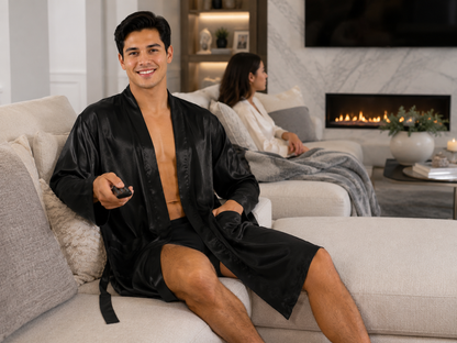 Men’s Satin Robe with 2 Front Pockets, Lightweight Silky Lounge Bathrobe Sleepwear, Style-Gwn51