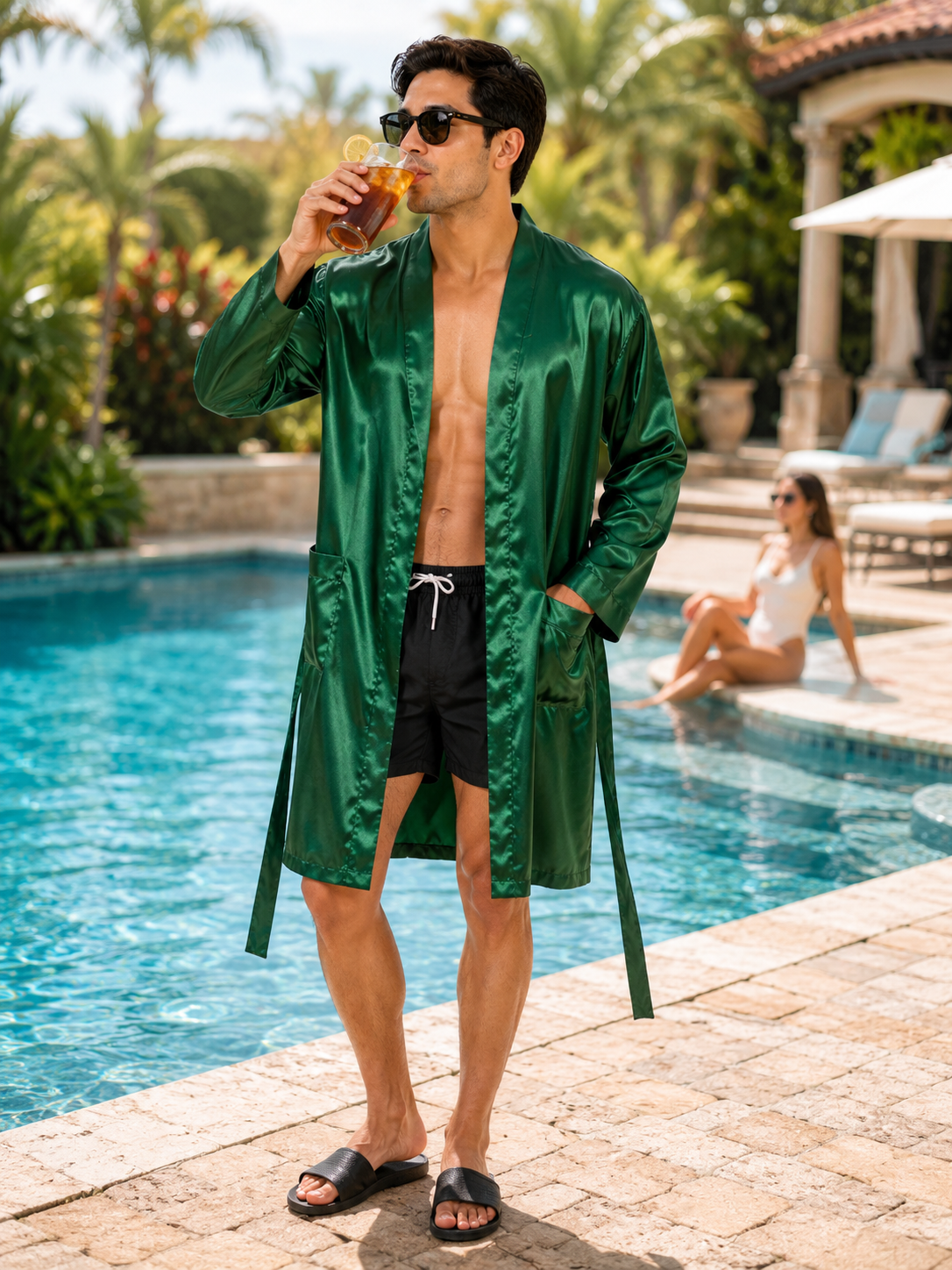 Men’s Satin Robe with 2 Front Pockets, Lightweight Silky Lounge Bathrobe Sleepwear, Style-Gwn51