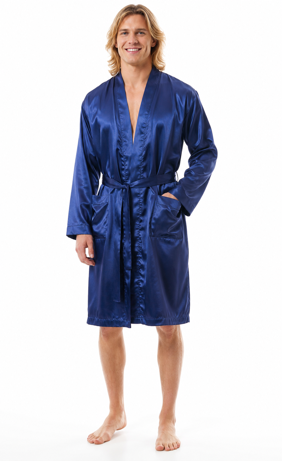 Men’s Satin Robe with 2 Front Pockets, Lightweight Silky Lounge Bathrobe Sleepwear, Style-Gwn51
