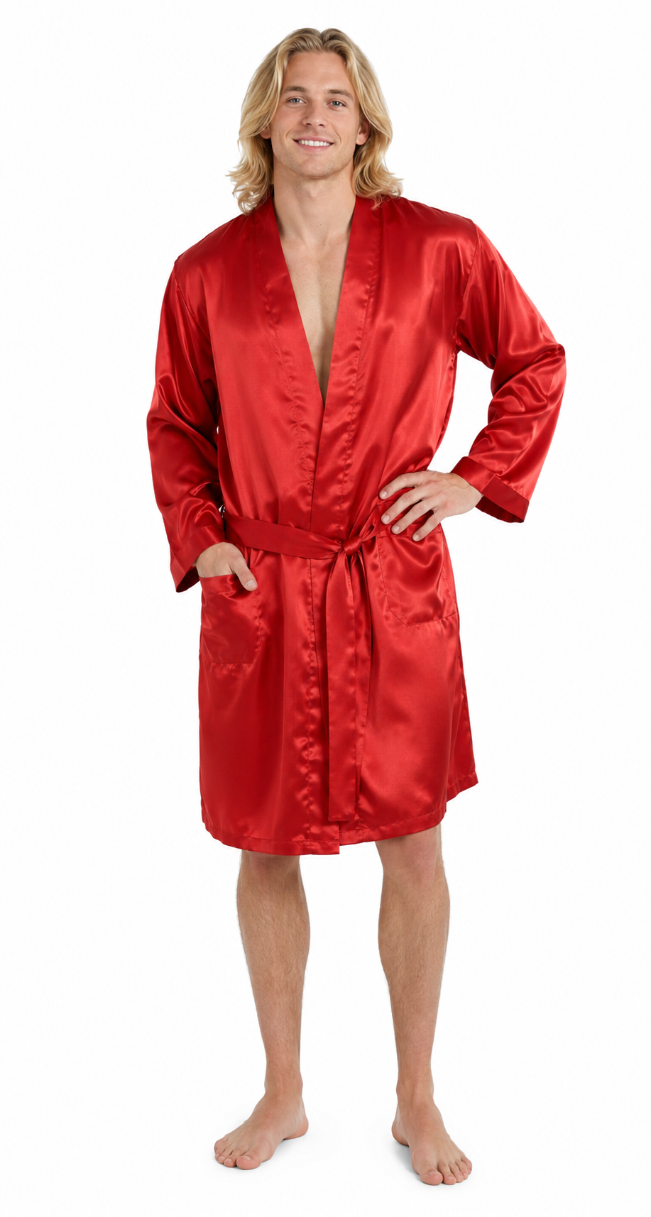 Men’s Satin Robe with 2 Front Pockets, Lightweight Silky Lounge Bathrobe Sleepwear, Style-Gwn51