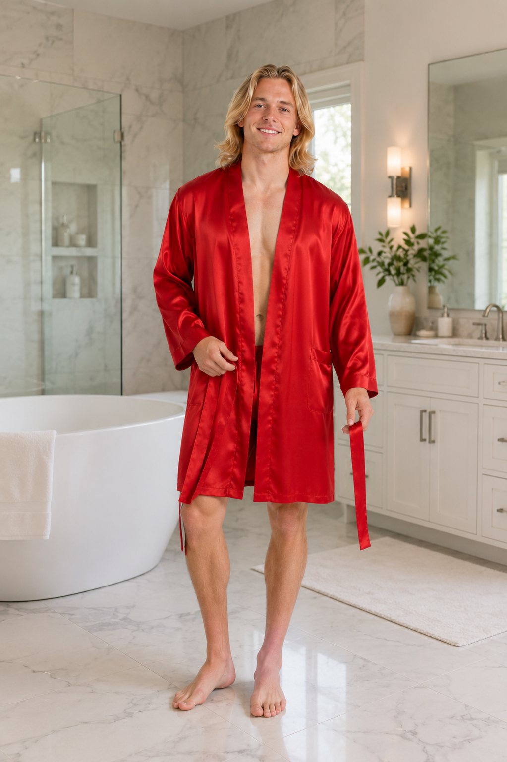 Men’s Satin Robe with 2 Front Pockets, Lightweight Silky Lounge Bathrobe Sleepwear, Style-Gwn51