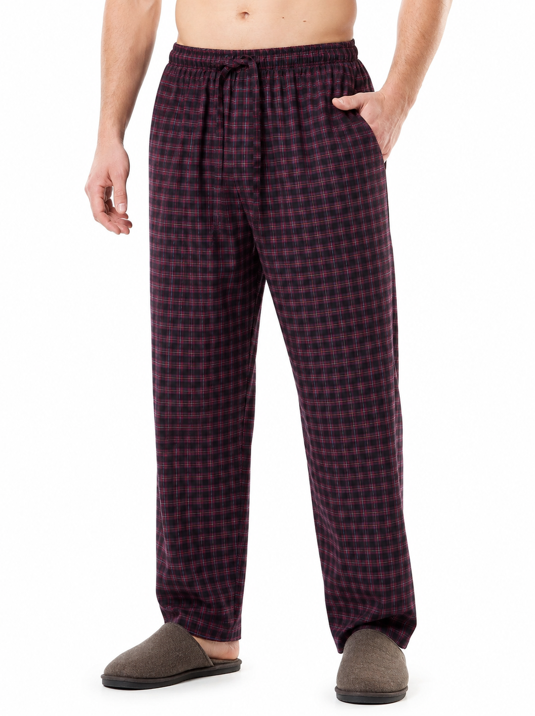 Men's Cotton Poplin Straight-Fit Pajama Pants with Pockets, Elastic Waist, Drawstring
