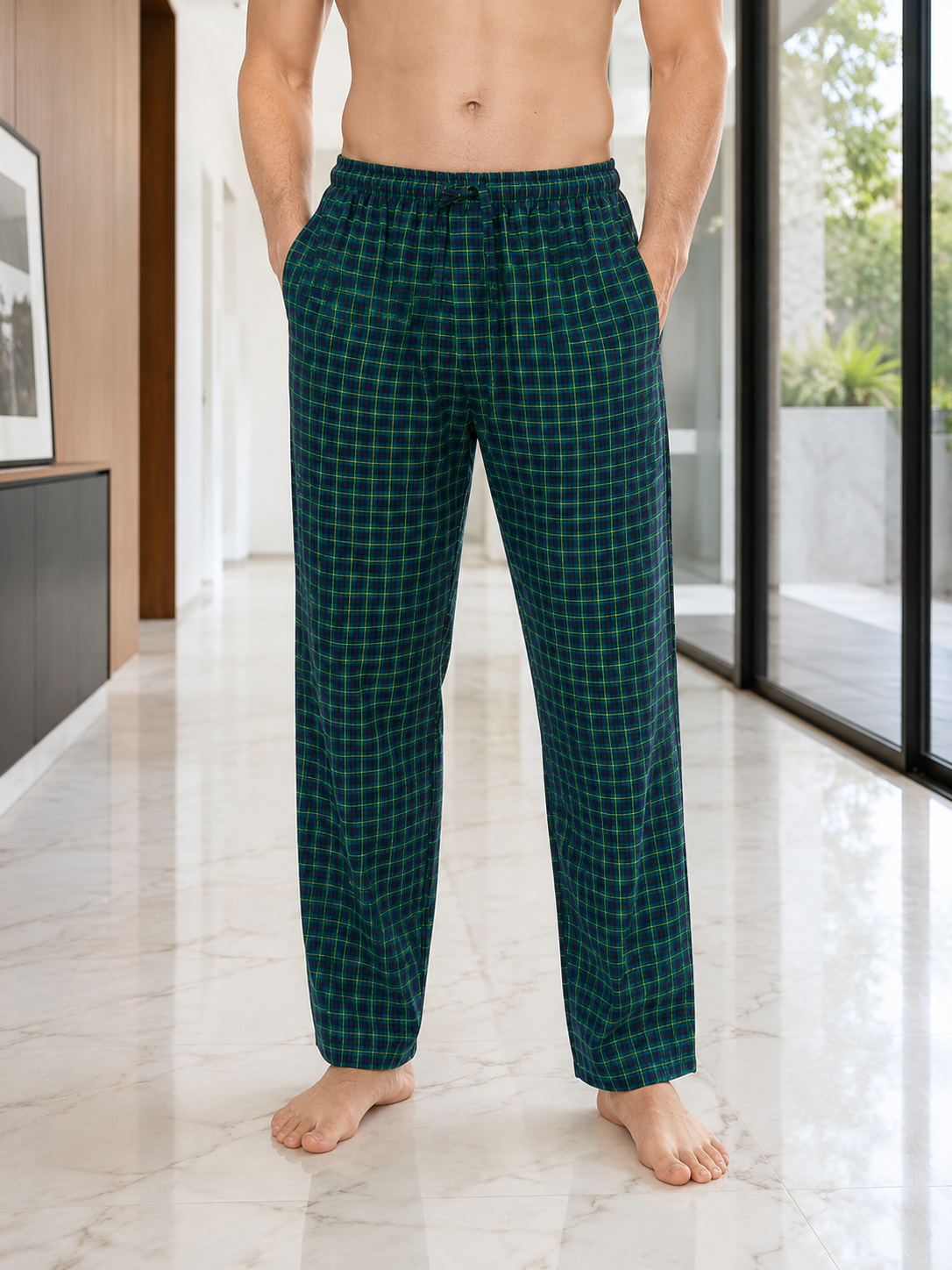 Men's Cotton Poplin Straight-Fit Pajama Pants with Pockets, Elastic Waist, Drawstring