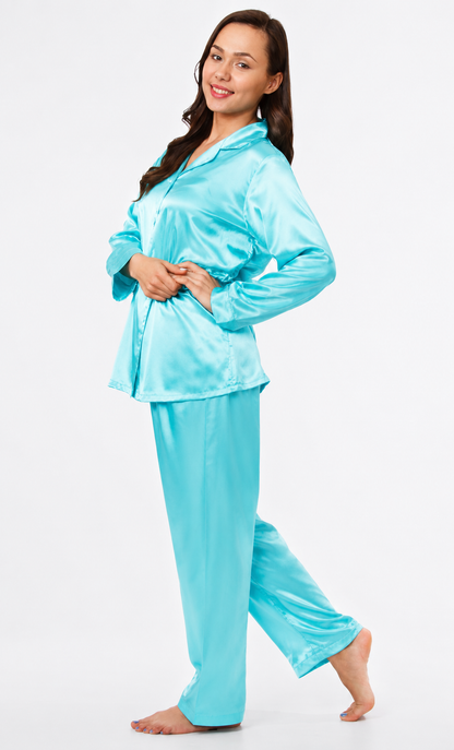 Up2date Fashion Women's Satin Pajama Set 2-Piece Long Sleeve Button Down Sleepwear Silky V-neck PJ Set with Pants